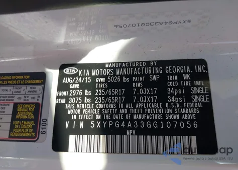 2016 Kia Sorento 2.4L Lx из США, поврежденный, VIN 5XYPG4A33GG107056